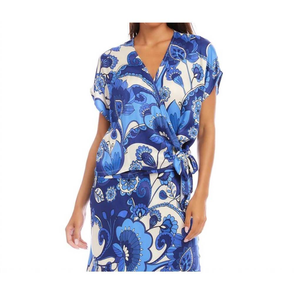 NEW KAREN KANE blouson wrap tie top in print blue
